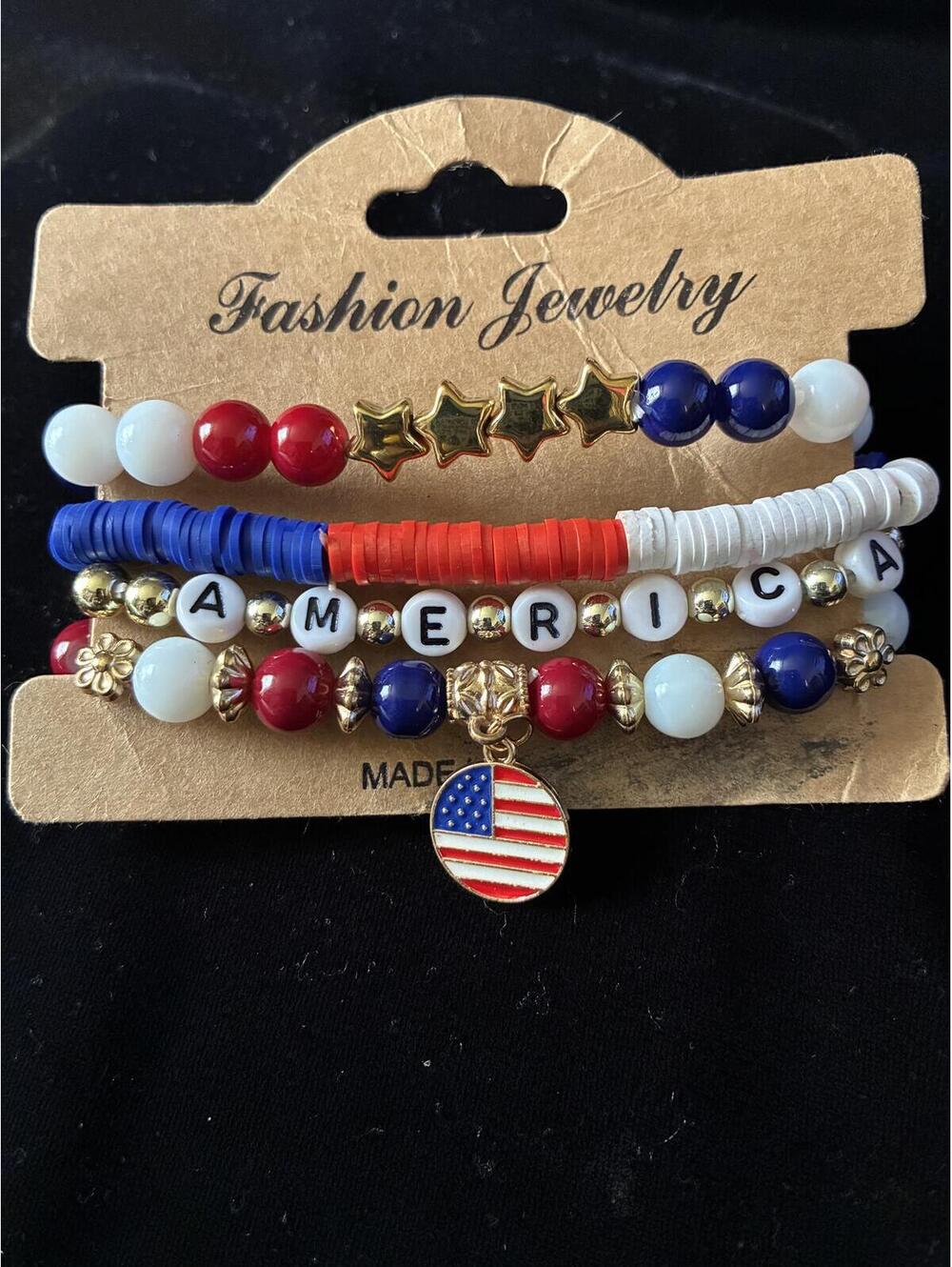 4-Piece Patriotic American Flag Charm Bracelet Stack - Brand New